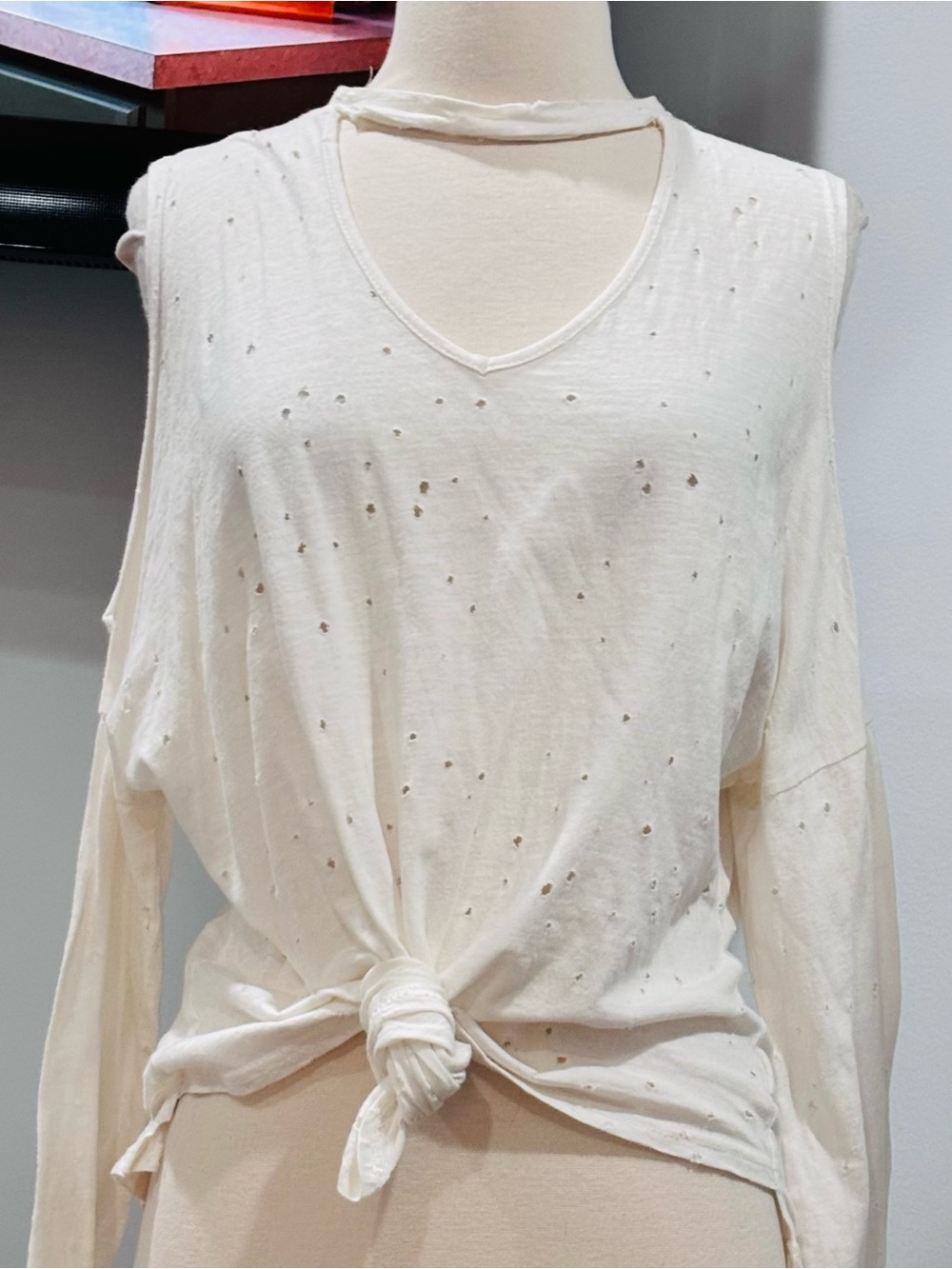 Poof! Distressed Ecru/Off White Choker Cold-Shoulder Tie-Front Top
